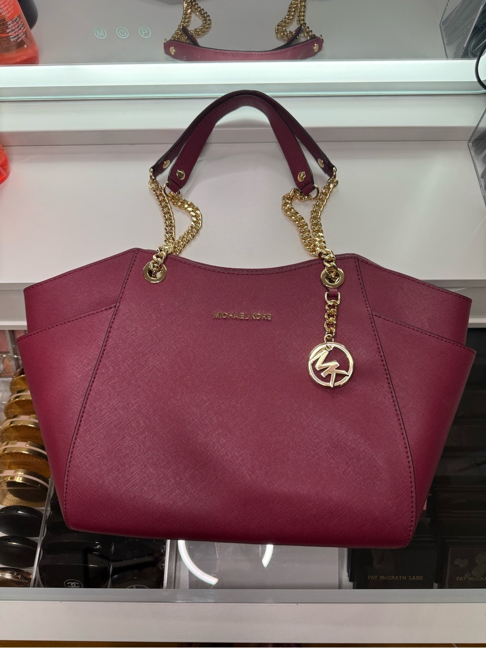 Michael Kors Wine Saffiano Tote with Gold Chain Accents
